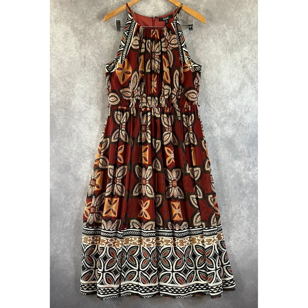 Badgley Mischka Halter Dress Womens 14 Rust Geometric‎ Pleated Maxi Boho NEW
